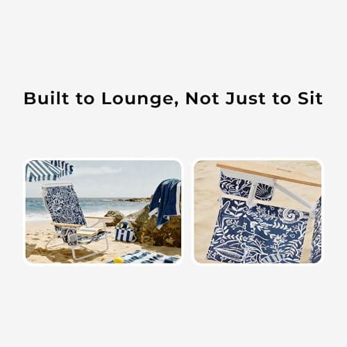 DEER LAND 5-Position Low Beach Chair, Portable Lightweight Folding Beach Chair with Wooden Armrests, Storage Pouch & Carry Strap, Coastal Beach Print – Reef Indigo - Thumbnail 4