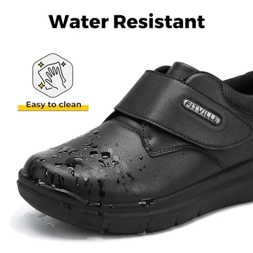 FitVille Diabetic Shoes for Men Extra Wide Slip-on Walking Shoes for Edema Hook & Loop Recovery Leather Shoes for Swollen Feet (8.5 Wide) Black - Thumbnail 6