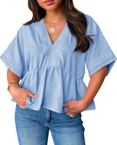 Womens Plus Size Babydoll Tops Cute Summer Eyelet V Neck Short Sleeve Blouses Cropped Lace Ruffle Boho Shirts Blue - Image 1