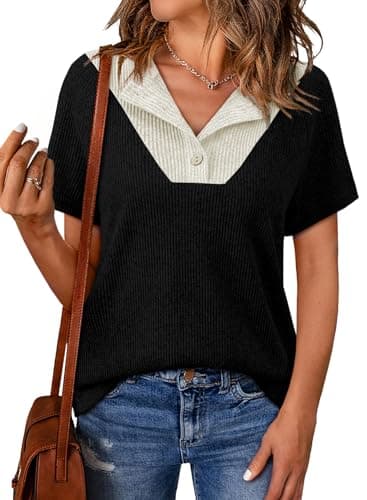 EVALESS Spring Summer Tops for Women 2026 Casual Short Sleeve T Shirts V Neck Henley Shirts Cute Patchwork Button Up Knit Pullover Tops Fashion Clothing Black Small - Image 1