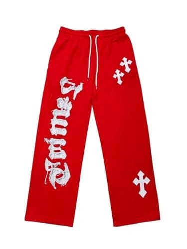 GORGLITTER Men's Wide Leg Baggy Sweatpants Y2K Graphic Flared Stacked Track Pants Workout Gym Trousers Drippy Streerwear Red Cross X-Large - Image 1