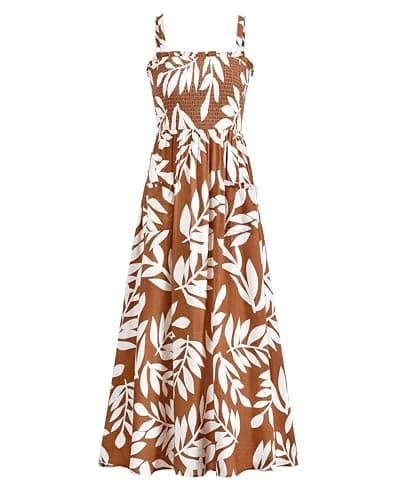 PRETTYGARDEN Womens Summer Dresses 2026 Casual Spaghetti Strap Ruffle Smocked Flowy Floral Spring Maxi Dress with Pocket(Khaki,X-Large) - Image 1