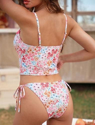 ZAFUL Pink Floral Tankini Swimsuits for Womens Cute Tankini Bathing Suits Two Piece Checkered Tankinis Sets Bow Color Block Swimsuits with Tie Side Bottom - Thumbnail 2