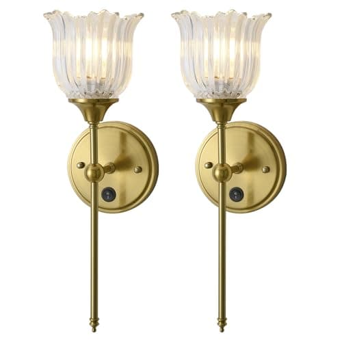 BOXCUPIN Modern Wall Sconces Set of 2 with Clear Flower Glass Shade, Mid Century Bathroom Vanity Wall Light Fixtures Gold Vintage Wall Lights with Switch for Mirror Bedroom Living Room - Image 1