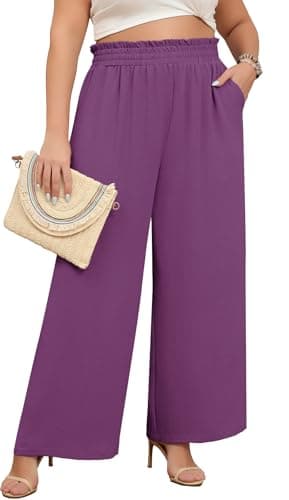 Lastshe Women's Plus Size Business Casual Pants High Waisted Fashion Lounge Dress Pants Straight Wide Leg Long Trousers with Pockets,Purple Red,4X - Image 1