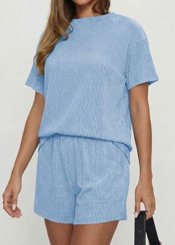 KIRUNDO 2 Piece Sets for Women Summer Shorts Lounge Set Matching Ribbed Knit Short Sleeve Top Airport Travel Vacation Outfits(Light Blue, X-Large) - Thumbnail 6