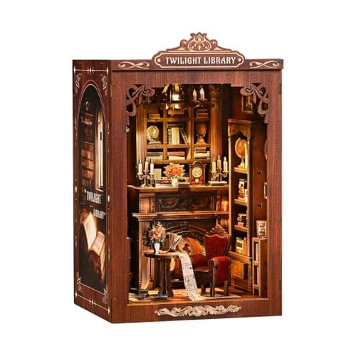 Havefunfun Twilight Library Book Nook Kit - DIY Miniature Dollhouse with LED Warm Light, 3D Wooden Puzzle Bookends, Immersive Miniature, Stress Relief Craft Gift for Adults Teens, Aesthetic Home Decor - Image 1