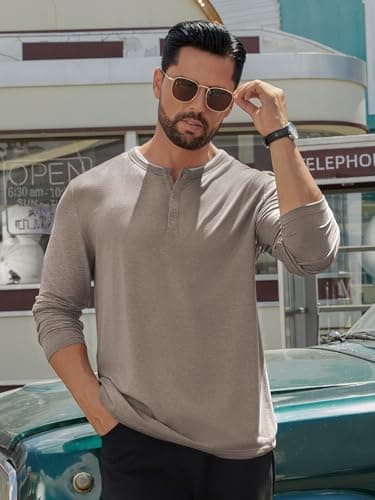 Hardaddy Men's Long Sleeve Henley Shirts Casual Color Block Henley Button T-Shirt Tops Light Khaki XL - Thumbnail 5