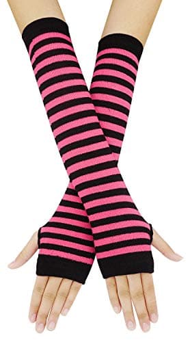 Bienvenu Women Stretch Striped Socks Knee High Stockings Long Arm Warmer Fingerless Mitten Gloves,Fuchsia - Thumbnail 2