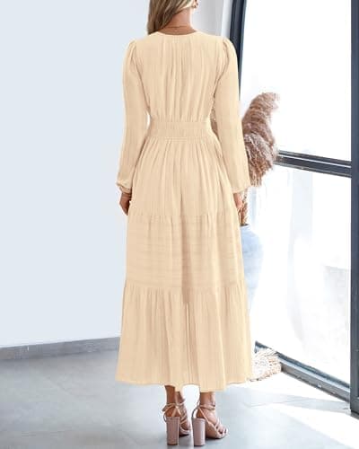 BTFBM Fall Dresses for Women 2026 Casual Long Sleeve V Neck Elastic Waist Lightweight Maxi Wedding Guest Dress Pockets(Apricot, Small) - Thumbnail 3