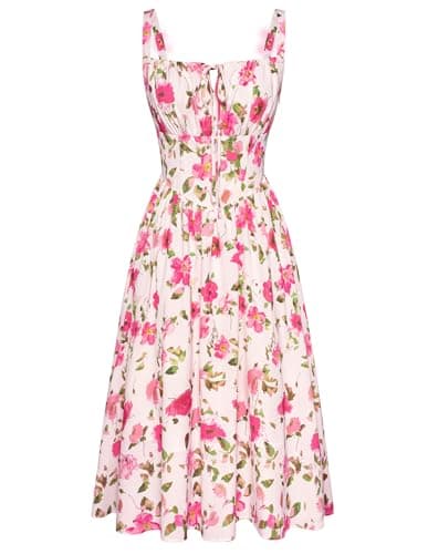 Scarlet Darkness Coquette Corset Dress for Women Ruched Bust Flowy Summer Country Dress Beige Rose-Red Floral S - Image 1