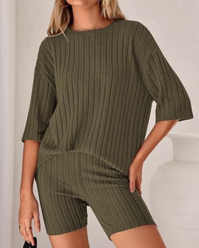 KIRUNDO Short Sets For Women Summer 2 Piece Matching Lounge Sets Casual Rib Knit Tshirts Biker Shorts Beach Vacation Outfits (Army Green, Large) - Thumbnail 4