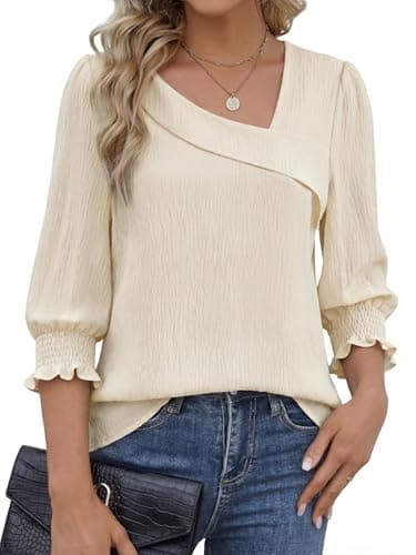 Funlingo Women Blouses Dressy Casual Asymmetric Square Neck 3/4 Length Sleeve Womens Tops Business Work Shirts Spring Clothes 2026 Beige M - Image 1