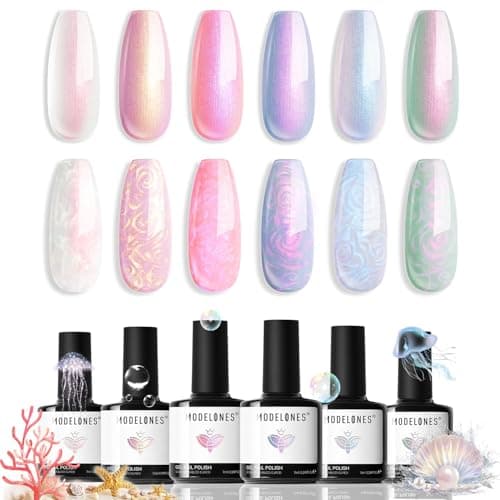 modelones Pearl Gel Nail Polish Set, 6 Colors 2026 Spring Aurora Iridescent Shimmer White Pink Purple Mermaid Nail Drawing Glitter Gel Polish LED Swirl Shell Thread Effect with Dotting Pen DIY Gift - Image 1