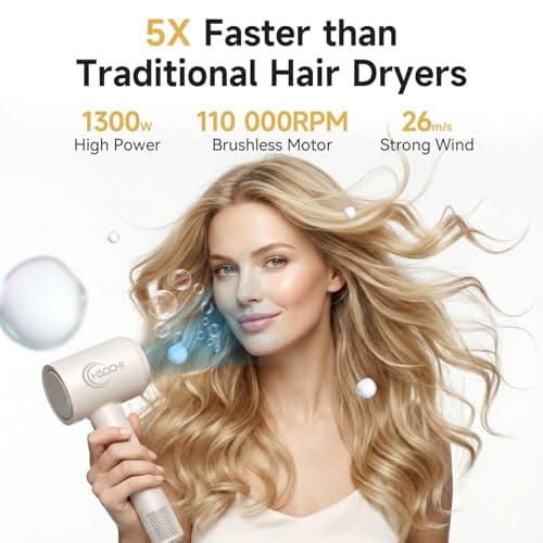 Hair Dryer, High-Speed Ionic Blow Dryer, 110,000 RPM Low Noise Thermo-Control HairDryer, for Curly Hair for Home Travel Salon, No Heat Damage Care (White) - Thumbnail 2