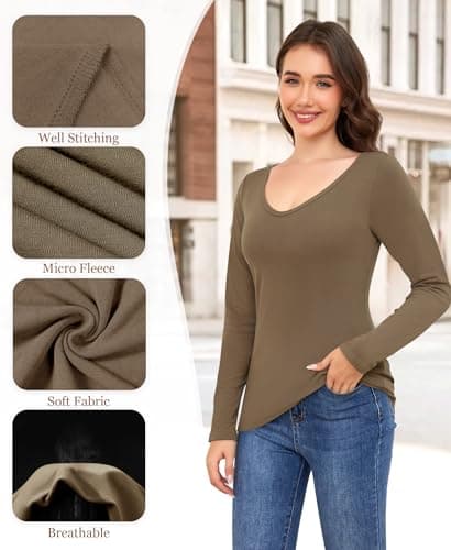 Ganado Long Sleeve Shirts for Women V Neck Thermal Shirt Layering Undershirts Plain Fitted Basic Tops (Light Brown, Small) - Thumbnail 5