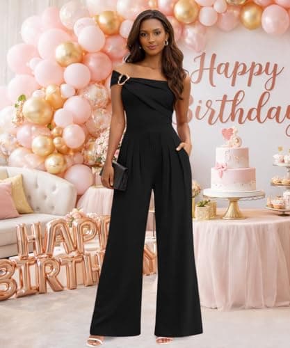 knowfashionstyle Jumpsuit For Women Dressy Off Shoulder Casual Wide Leg Pants Formal Jumpsuits Party Sexy One Piece Outfits Black M - Thumbnail 3