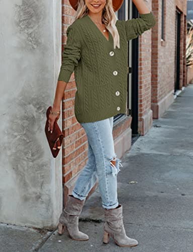 MEROKEETY Cardigan Sweater for Women 2026 Fall Winter Spring Cable Knit Button Up Open Front Long Sleeve Coat,ArmyGreen,XXL - Thumbnail 4