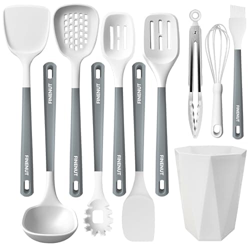FINENUT Silicone Cooking Utensils Set 11PCS-BPA-Free-446°F Heat Resistant,Kitchen Tools for Nonstick Cookware,Heat Resistant&Scratch-Proof Includes Spatula/Turner/Spoon Dishwasher Safe(White And Gray) - Image 1