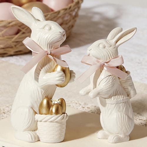 WDS WONDROUS White Easter Bunny Figurines Set of 2, Resin Rabbit Statues with Gold Eggs & Pink Ribbon Bow, Spring Home Decor Centerpiece, Indoor Easter Decorations & Gift for Women, Family - Image 1