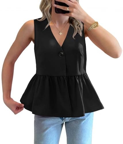 Tankaneo Womens V Neck Babydoll Tank Tops Peplum Ruffle Hem Sleeveless Shirts Summer Casual Button Down Flowy Tops Black - Image 1