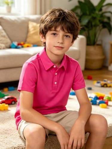 Cozople Boys Polo Shirt Quick Dry Performance Golf Shirt Short Sleeve Casual School Uniform Tops for Kids, Neon Pink,Size 9-10 - Thumbnail 3