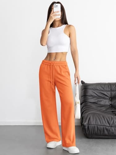 ATHMILE Women's Wide Leg Sweatpants High Waisted Baggy Interior Drawstring Joggers Straight Leg Sweat Pants with Pockets Orange - Thumbnail 4