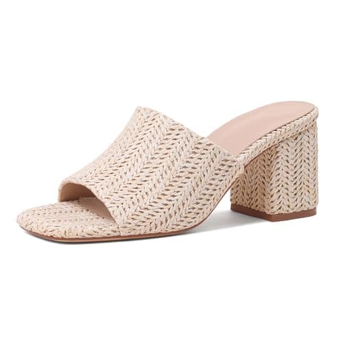 Ancomafio Women's Heeled Sandals Raffia Sandals Square Open Toe Heels Backless Mules Slip On Block Heels Beige Size 8