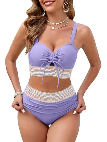 VIAURBE Women's High Waisted Bikini Sets Swimsuits Color Block Two Piece Bathing Suit Cute Drawstring Bikinis Lilac S - Image 1