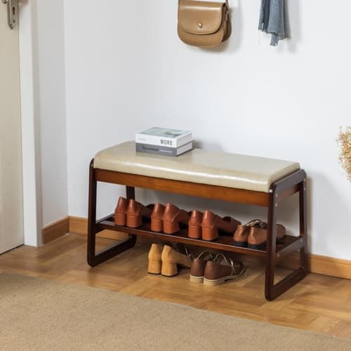 latifolia Solid Wood Bench, Entryway Shoe Bench with Cushion, Flip-Open Storage Compartment, 2-Tier Shoe Organizer(Grey,31.50''L) - Thumbnail 2