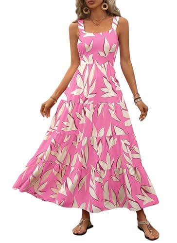 PRETTYGARDEN Women's Summer Floral Maxi Dress Sleeveless Smocked Ruffle Long Flowy Beach Vacation Boho Sundresses (Floral Pink Beige,X-Large) - Image 1