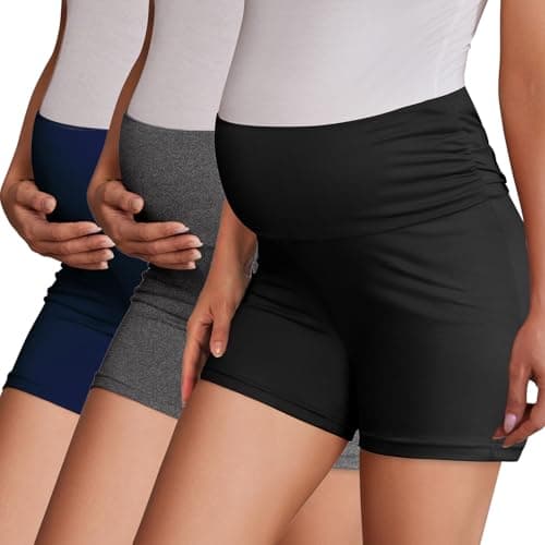 Ekouaer 3 Pack Women's Maternity Shorts Stretchy Workout Pregnancy Shorts Comfy Lounge Pajama Sleepwear Black/Dark Heather Grey/Navy Blue XL - Image 1