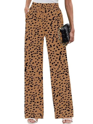 Heymoments Women Wide Leg Pants Almond Leopard Large High Waist Loose Casual Pants Adjustable Tie Knot Belted Long Straight Trousers with Pockets - Image 1