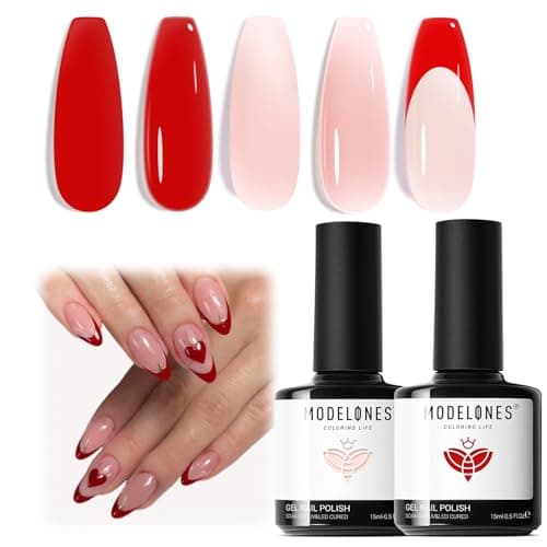 modelones Red Heart Gel Nail Polish, 2Pcs 15ML Red Jelly Nude Spring Gel Polish Set Soak Off Nail Lamp U V LED Cured for Classic French Nail Art Design Valentine's Day Gift for Women - Image 1