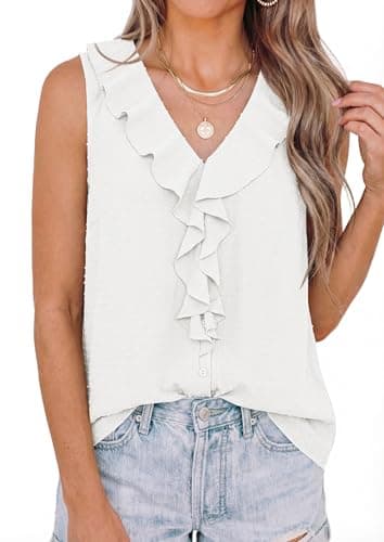 PRETTYGARDEN Womens Tank Tops 2026 Summer Dressy Casual Blouses Sleeveless Ruffle V Neck Swiss Dot Button Down Work Shirts (Off White,XX-Large) - Thumbnail 5