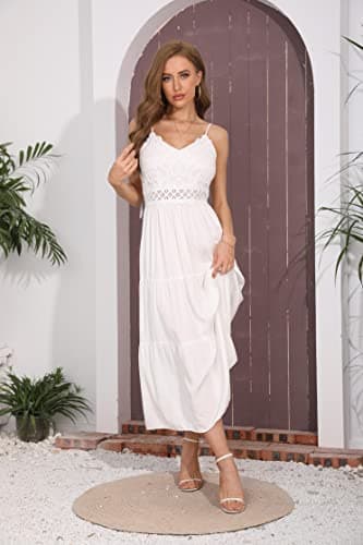 Dokuritu Women's Beach Crochet Lace Maxi Dress Boho Casual Cocktail Graduation Wedding Guest Spaghetti Strap Long White Summer Dresses 2025 (White,S) - Thumbnail 5