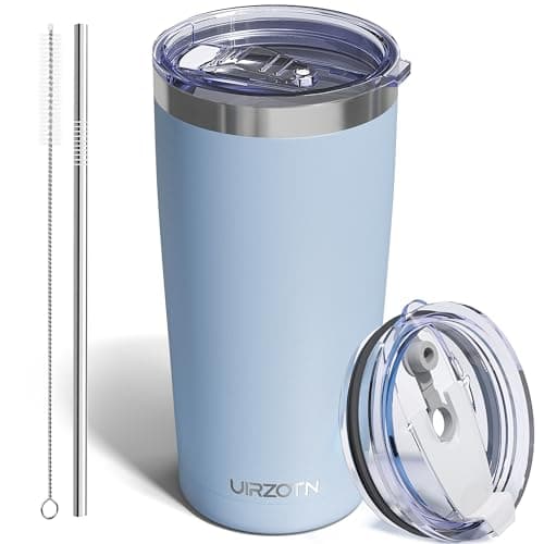 UIRZOTN Travel Coffee Tumbler 20oz, Leakproof Travel Coffee Mug with Dual Lids and Straw, Stainless Steel Double Wall Vacuum Insulated Tumbler for Hot/Iced Drinks (Light Blue, Textured Matte) - Image 1