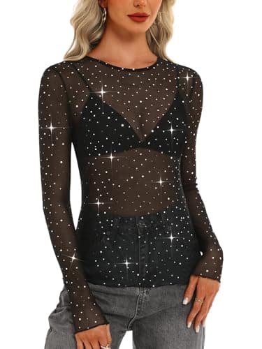 GKBK Womens Mesh Long Sleeve Tops Crew Neck Sexy See Through Tee Dressy Casual Shirts Party Club Night Lace Blouse Western Wear Outfit Clothes Going Out Clothing Black Sequin M - Image 1