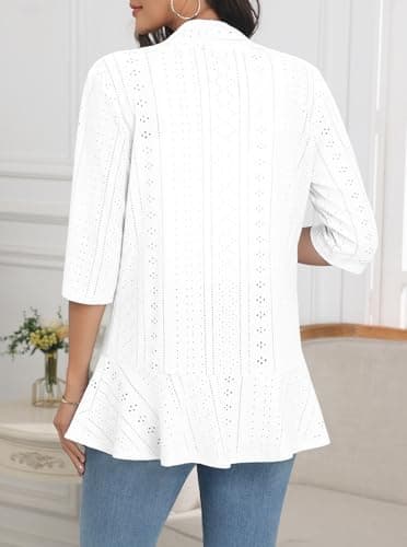 Askyes Women Spring Summer Cardigan 3/4 Sleeves Open Front Lightweight Draped Ruffle Knit Plus Size Dressy Cardigan,White,3XL - Thumbnail 3