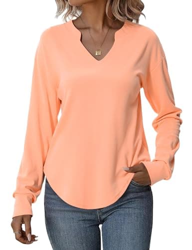 Totatuit Sweatshirts for Women V Neck Long Sleeve Shirts Loose Lightweight Curved Hem Casual Pullover Tops 2025 Fall Coral X-Large - Image 1
