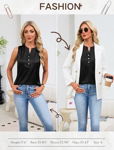 Leikar V Neck Blouses for Women Dressy Casual Top Sleeveless Camisole Silk Satin Tank Tops Work Shirts Black - Thumbnail 4