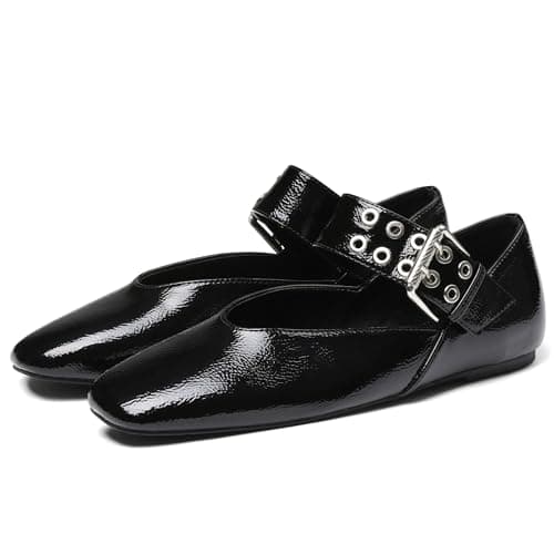 Attiposh Ballet Flats for Women Square Toe Ballerina Flats Buckle Strap Black Flats Comfortable Dressy Mary Janes Casual Dress Shoes, 6