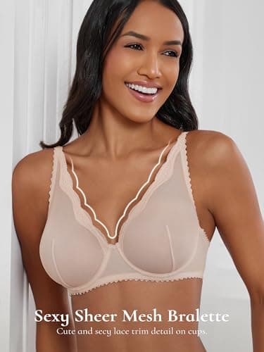 zossav Sexy Bras for Women Mesh Sheer Bralette Lace Trim See Through Unpadded Bra 32D - Thumbnail 6