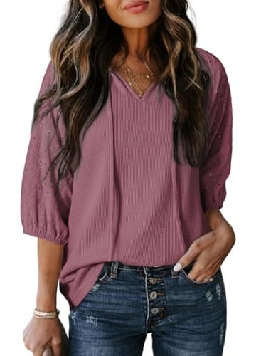 Dokotoo Cute Summer Tops for Women Dressy Casual Waffle Knit 3/4 Length Sleeve Babydoll Tops Soft Cozy Hollowed-Out Puff Sleeves Loose Fit Plus Size Blouse Resort Wear for Women Rose Pink XX-Large - Image 1