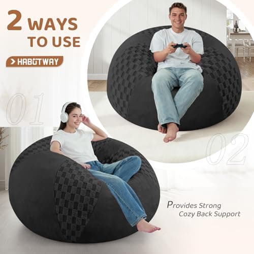 HABUTWAY 4FT Bean Bag Chair Teardrop Beanbag Chair with Memory Foam Filled Soft Checkboard Leaf alongside Plush Bean Bag Sofa with Removable Cover for Living Room,Bedroom-Checkboard Black - Thumbnail 4
