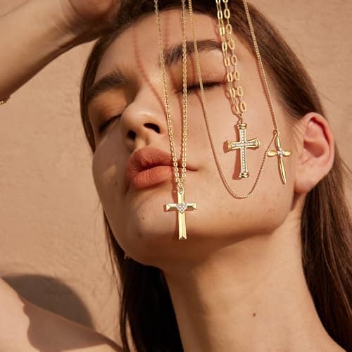Valloey Rover Cross Necklace for Women,Dainty 14K Real Gold Plated Diamond Cubic Zirconia Cross Crucifix Faith Pendant Necklace Trendy Christian Easter Basket Essentials Stuffers Religious Jewelry Gifts for Women Mom - Thumbnail 4