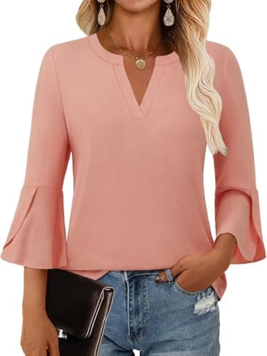 GKBK Women's Blouses Ruffle 3/4 Sleeve Dressy Top V Neck Casual Tunic Blouses Business Shirts Pink L - Image 1