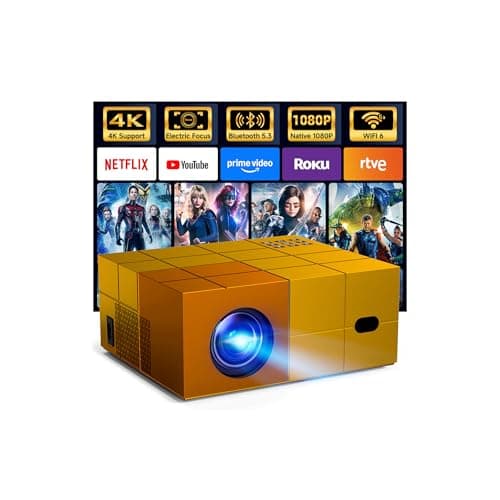 Projector with WiFi6 and Bluetooth5.3 - [Electric Focus]Outdoor Movie Projector and Screen,YOWHICK Portable Smart Home Projector 1080P 4K Supported for Movie Night/Home Theater/Bedroom (Yellow) - Image 1