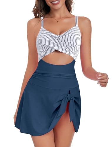 ZAFUL Women Maternity Swimsuit One Piece Tummy Control Plus Size Bathing Suit Slimming Swim Dress Modest Swimwear Push Up Cut Out Swimdresses 2025 Trendy Cute Tie Knot Monokini Skirt Blue Striped XXL - Image 1