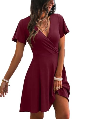 Wedding Guest Dressss Wrap V Neck Party Cocktail Sundress Red Summer Dress Mom Outfits Burgundy XL - Image 1
